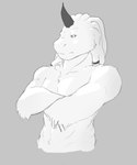 anthro crossed_arms fur horn looking_at_viewer male muscular simple_background solo upper_body white_body white_fur andr0ch everhood rasta_beast_(everhood) monster 5:6 absurd_res hi_res monochrome