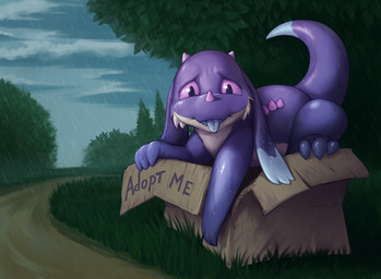 3_fingers 3_toes ambiguous_gender bleak_ambiance box cardboard cardboard_box cloud container detailed_background dirt_road feet feral fingers grass horn looking_at_viewer open_mouth plant purple_body purple_eyes purple_skin raining sad solo tail toes tongue tongue_out tree wet neilenk mythology so_i'm_a_spider_so_what? feirune dragon mythological_creature mythological_scalie scalie absurd_res hi_res