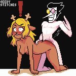 angry anthro antlers areola bed bent_legs black_eyes black_hair blonde_hair blush bodily_fluids breasts brown_body brown_fur butt_slap dominant dominant_male duo embarrassed exclamation_point eyewear female from_front_position fur furniture genitals glasses grabbing_hips hair horn imminent_death lying male male/female motion_lines multicolored_eyewear multicolored_glasses navel nipples nude orientation_play pained_expression penis pupils reflective_body scut_tail sex short_tail shy simple_background sitting slap small_pupils smile smirk solo spank_marks spanking sweat sweatdrop tail tears unexpected_spank white_body seedy_stitches_(artist) deltarune undertale_(series) noelle_holiday spamton_g._spamton deer humanoid mammal new_world_deer reindeer digital_media_(artwork) pixel_(artwork) restricted_palette shaded simple_shading