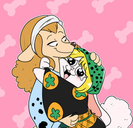 4_fingers :3 accessory anthro arm_tuft asian_clothing bangs big_eyes big_pupils biped black_mouth blonde_hair bodily_fluids bone_background bone_pattern brown_nose buckteeth closed_smile clothed clothed_anthro clothed_female clothing cotton_tail crying dilated_pupils ears_down elbow_tuft eyebrow_through_hair eyebrows eyelashes face_squish female female_anthro fingers fur glistening glistening_eyes glistening_hair hair happy headband hug larger_anthro larger_female long_hair mouth_closed open_:3 open_mouth open_smile orange_hair pattern_background pink_background pink_inner_ear pink_nose pink_tongue pivoted_ears pupils simple_background size_difference smaller_anthro smaller_female smile solo squish standing tail tan_body tan_ears tan_fur tears tears_of_joy teeth tongue translucent translucent_hair tuft white_body white_ears white_fur white_tail white_tuft kabula_(artist) one_piece carrot_(one_piece) wanda_(one_piece) canid canine canis domestic_dog lagomorph leporid mammal minkmen_(one_piece) rabbit 2018 digital_drawing_(artwork) digital_media_(artwork) hi_res