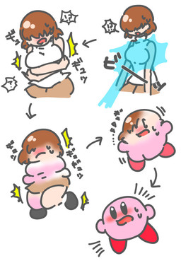 blush bodily_fluids bottomwear breasts brown_hair clothed clothing directional_arrow energy_beam exclamation_point female frown hair hair_over_eye not_furry one_eye_obstructed open_mouth question_mark scared sequential_arrow simple_background skirt solo sweat sweatdrop text transformation transformation_sequence what white_background 有雛さん kirby_(series) nintendo kirby human mammal waddling_head japanese_text sequence translation_request