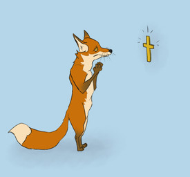 4_fingers ambiguous_gender anthro black_nose blue_background brown_body brown_fur christian_cross christian_symbol cross dipstick_ears dipstick_tail ear_markings featureless_crotch feet fingers fur gloves_(marking) inner_ear_fluff leg_markings markings mouth_closed multicolored_ears orange_body orange_fur praying pupils religion religious_symbol shadow side_view simple_background snout socks_(marking) solo standing tail tail_markings tan_body tan_fur toes tuft whiskers yellow_eyes 4chan_anon christianity canid canine fox mammal 2025 digital_media_(artwork) flat_colors full-length_portrait hi_res portrait