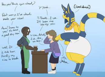 anthro apron blush bottomwear breasts brown_hair clothing coffee_cup container cup dialogue digitigrade embarrassed female footwear green_apron green_clothing group hair pants reality_shift shoes size_difference smile tail text robertge animal_crossing nintendo ankha_(animal_crossing) jason_markova domestic_cat felid feline felis human mammal 2025 digital_media_(artwork) english_text