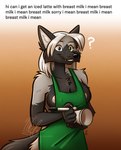 anthro apron apron_only areola areola_slip arm_tuft barista black_body black_ears black_fur black_nose blank_stare blue_eyes breasts chest_tuft claws cleavage clothed clothing container cup cute_fangs dialogue elbow_tuft eyebrows eyeliner female finger_claws fluffy fluffy_tail fur gradient_background green_apron green_clothing green_eyes grey_body grey_fur grey_hair grey_inner_ear_fluff hair heterochromia hip_tuft holding_container holding_cup holding_marker holding_object inner_ear_fluff long_hair makeup marker multicolored_body multicolored_ears multicolored_fur nipple_outline nipples pink_areola question_mark repeated_text shoulder_tuft simple_background smile solo standing tail teeth text tuft two_tone_ears whiskers white_hair white_inner_ear nicnak044 i_mean_breast_milk zeitgeist canid canine fox mammal red_fox silver_fox true_fox 2022 artist_name digital_media_(artwork) english_text meme signature watermark