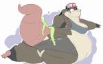 anthro black_hair bra clothing duo feet female hair hindpaw obese obey overweight overweight_female paws sharp_teeth simple_background sports_bra teeth underwear /trash/ 4chan anon trish_(4chan) american_opossum mammal marsupial virginia_opossum 16:10 widescreen