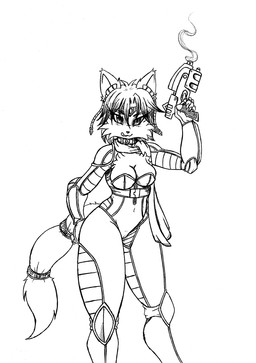 anthro breasts clothed clothing female furgonomics gun hair jumpsuit navel_outline ranged_weapon solo tongue tongue_out weapon viroveteruscy nintendo star_fox krystal_(star_fox) canid canine fox mammal 2015 black_and_white hi_res monochrome