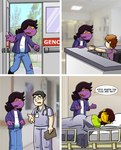 ambiguous_gender angry anthro bottomwear clothed clothing dialogue doctor female group hospital humor male pants purple_body speech_bubble style_emulation tailless text jake_the_silent third-party_edit ctrl+alt+del deltarune kris_where_are_we loss undertale_(series) kris_(deltarune) susie_(deltarune) human mammal monster reptile scalie 2021 comic english_text hi_res meme