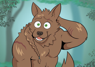 anthro braided_hair green_eyes hair hand_on_head leaf looking_at_viewer male muscular muscular_anthro muscular_male outside pecs plant raised_arm scar solo tail tree ac_stuart noob_the_loser mythology samson_phoenix canid canine mammal mythological_canine mythological_creature werecanid werecanine werecreature werewolf 2023 hi_res