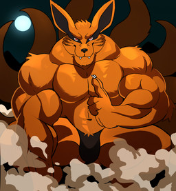 anthro biceps big_muscles bulge clothed clothing crouching deltoids fangs front_view full_moon fur looking_at_viewer male moon multi_tail muscular muscular_anthro muscular_male night orange_body orange_fur pecs solo speedo speedo_only swimwear tail teeth topless topless_anthro topless_male trapezius darknaigart naruto kurama canid canine fox fox_spirit mammal tailed_beast 2025 hi_res