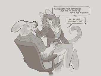 anthro beak breasts chair clothed clothing duo female fur furniture hair holding_head male male/female markings on_lap scared shirt side_view sitting sitting_on_another sitting_on_lap smile smug speech_bubble spots spotted_body tail text topwear translucent translucent_clothing unbuttoned_shirt wolfcut nmor_who capcom monster_hunter kaye_(nmor_who) bird_wyvern felid feline gargwa mammal serval 2026 digital_media_(artwork) english_text flat_colors monochrome portrait signature sketch three-quarter_portrait