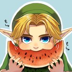 1:1 blue_eyes clothing eating elf fingers food fruit hat headgear headwear hi_res humanoid humanoid_pointy_ears hylian light_body light_skin looking_at_viewer male melon nintendo not_furry plant simple_background solo teba the_legend_of_zelda watermelon young_link