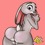 anthro big_breasts breasts butt female pink_background rear_view simple_background solo lazzylad disney zootopia judy_hopps lagomorph leporid mammal rabbit 1:1 2d_animation animated low_res