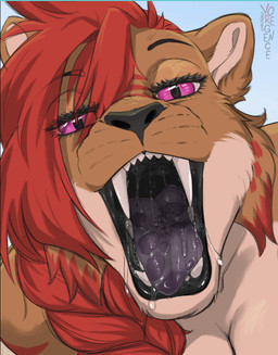 anthro bedroom_eyes black_lips blue_background bodily_fluids braided_hair breasts brown_body brown_fur cleavage clothed clothing detailed_mouth dripping drooling excessive_saliva eyelashes fangs female female_anthro fur glistening glistening_lips glistening_tongue hair lidded_eyes lips looking_at_viewer mouth_shot narrowed_eyes open_mouth pink_eyes purple_tongue red_body red_fur red_hair saliva saliva_drip saliva_on_tongue saliva_string seductive simple_background solo tan_body teeth thick_bottom_lip tongue voregence felid lion mammal pantherine 2025 headshot_portrait portrait