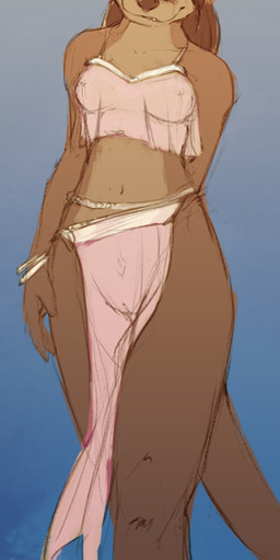 anthro breasts brown_body brown_fur brown_hair brown_nose clothed clothed_anthro clothed_female clothing female fur genitals hair navel nipples pubes skimpy smile solo translucent translucent_clothing vulva slate windfall_(book) kylie_bevy mammal mustelid otter 2021