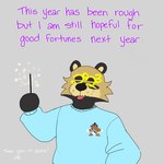anthro black_ears black_hands black_nose blue_clothing blue_sweater blue_topwear brown_body brown_fur clothing diamond_(marking) diaper eyebrows eyes_always_closed eyes_closed eyewear frown fur glasses grey_background holidays male markings new_year_glasses novelty_glasses simple_background sparkler sparkles sweater text thick_eyebrows topwear whisker_spots white_hands p_rindustries new_year new_year_2023 elubbb_(p_rindustries) p_rindustries_(p_rindustries) canid canine equid equine horse mammal raccoon_dog tanuki 1:1 english_text