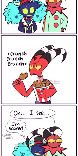 3_panel_comic anthro blue_body blue_clothing blue_feathers blue_shirt blue_topwear bucket_of_chicken chicken_meat clothing clown_costume constricted_pupils dialogue eating eating_food eating_meat feather_hair feathers food forehead_tattoo fried_chicken glaring green_eyes green_onesie group hand_on_butt hat headgear headwear hiding_behind_another horn index_to_index male meat onesie passive_aggressive pseudo_hair pupils red_body red_eyes red_skin scared shirt small_hands small_pupils striped_horn stripes text top_hat topwear trio norithelord hellaverse helluva_boss asmodeus_(helluva_boss) blitzo_(helluva_boss) fizzarolli_(helluva_boss) avian avian_demon bird demon galliform humanoid imp phasianid 2022 absurd_res artist_name comic english_text hi_res watermark