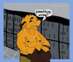 anthro chest_fur clock clothed clothing fur horn male nipples orange_body orange_fur overweight overweight_male simple_background solo speech_bubble toony topless topless_male watch fruitgator mythology copper_(fruitgator) dragon mythological_creature mythological_scalie scalie hi_res