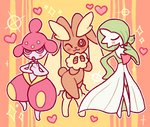 ambiguous_gender blush brown_body chibi clothing dress eyes_closed green_body group heart_symbol lips markings one_eye_closed orange_background pink_eyes pink_nose purple_body purple_eyes semi-anthro simple_background trio white_body wink kcdoos nintendo pokemon gardevoir generation_3_pokemon generation_4_pokemon lagomorph lopunny mammal medicham pokemon_(species) 2019