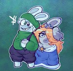 anthro blonde_hair blue_clothing blue_dress blue_eyes blue_overalls closed_smile clothed clothed_anthro clothed_female clothing crown dress duo ear_piercing ear_tuft eyelashes featureless_feet feet female fully_clothed fully_clothed_anthro fur green_background green_clothing green_eyes green_hat green_headwear green_shirt green_topwear grey_body grey_eyelids grey_inner_ear grey_skin hair hair_over_eye half-closed_eyes hands_together hat headgear headwear heterochromia larger_anthro larger_male light long_ears male male/female mitten_hands mouth_closed multicolored_body multicolored_fur narrowed_eyes outline overalls oversized_clothing oversized_dress piercing shirt simple_background size_difference smile standing teeth thick_thighs tooth_gap toothy_smile topwear tuft two_tone_body two_tone_fur white_hair white_outline critterzone13 mario_bros mario_plus_rabbids_kingdom_battle nintendo raving_rabbids rayman_(series) ubisoft rabbid_luigi rabbid_rosalina lagomorph mammal rabbid 2023 colored crossover digital_drawing_(artwork) digital_media_(artwork) english_description lighting shaded