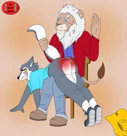 anthro blue_eyes bodily_fluids brown_body brown_fur butt_slap clothed clothing crying duo female footwear fur grey_body grey_fur male male/female no_underwear otk pantsless punishment shoes slap sneakers spanking spanking_as_punishment tail tail_grab tears yellow_eyes maurispank illumination_entertainment sing_(movie) clay_calloway_(sing) porsha_crystal canid canine canis felid lion mammal pantherine wolf hi_res