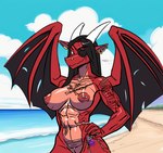 abs ai_generated_background anthro arm_tattoo athletic beach beach_background biceps black_hair breasts broken_horn christina_piercing dragon ear_piercing ear_ring eye_patch eyewear f4ephantomii facial_piercing female genital_piercing genitals glistening glistening_hair hair hi_res horn long_hair membrane_(anatomy) membranous_wings muscular muscular_female mythological_creature mythological_scalie mythology navel navel_piercing nipple_piercing nipples nose_piercing nose_ring nostril_piercing nostril_ring piercing pose pubic_tattoo pussy pussy_piercing ranged_weapon red_body red_scales ring_piercing rocket_launcher rpg-7 sand scales scalie scar sea seaside seven_deadly_sins sky slicked_back_hair solo tattoo water weapon wings