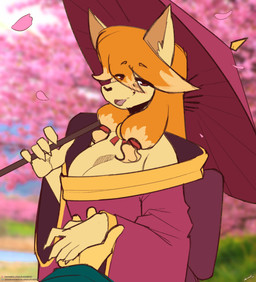 anthro asian_clothing breasts clothing east_asian_clothing eyebrow_through_hair eyebrows eyelashes female hair hand_holding japanese_clothing orange_hair red_eyes solo tan_body translucent translucent_hair lyorenth-the-dragon undertale undertale_(series) undertale_yellow ceroba_ketsukane starlo_(undertale_yellow) canid canine fox mammal 2026 hi_res