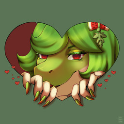 accessory anthro colored_nails female food fruit green_hair hair hair_accessory heart_symbol hearts_around_head leaf melon nails plant red_eyes solo watermelon okidouchie melonie_(spirit_shadow) kobold scalie watermelon_kobold 1:1 hi_res