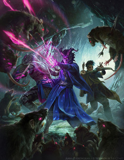 ambiguous_gender anthro armor arrow_(weapon) belt bow_(weapon) brown_body brown_fur buckteeth cave clothing eyewear female feral fur glasses glowing glowing_eyes gore grey_body grey_scales group holding_bow_(weapon) holding_melee_weapon holding_object holding_ranged_weapon holding_shield holding_sword holding_weapon horn impalement magic male melee_weapon open_mouth purple_clothing purple_robe quiver_(object) ranged_weapon robe scales shield standing sword teeth weapon akreon dungeons_and_dragons hasbro wizards_of_the_coast dragonborn_(dnd) human humanoid mammal murid murine rat rodent scalie tiefling hi_res official_art