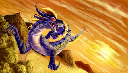 ambiguous_gender claws cloud detailed_background eyewear feral flying glasses grass hair horn mountain open_mouth orange_hair outside plant purple_body short_hair sky solo sun sunglasses tail teeth tinted_glasses tree wood raptorbane tsitra360 mythology dragon mythological_creature mythological_scalie scalie 2011 warm_colors
