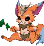 anthro balls bone bottomwear clothing genitals holding_object loincloth male partially_exposed pawpads paws sitting skull solo spread_legs spreading teeth young young_anthro xiao_langao league_of_legends riot_games tencent gnar_(lol) yordle hi_res