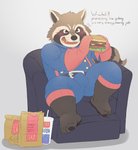 anthro belly blush bottomwear brown_body brown_fur bulge burger clothed clothing food fur furniture gloves handwear humanoid_hands kemono male overweight overweight_anthro overweight_male pants simple_background sitting sofa solo text aotoaka guardians_of_the_galaxy marvel rocket_raccoon mammal procyonid raccoon 2021 absurd_res english_text hi_res