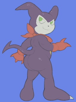 accessories_only belly bubble_butt butt clothing cute_fangs fangs gloves green_eyes handwear kerchief male neckerchief neckwear purple_background purple_body red_clothing red_gloves red_handwear red_kerchief red_neckerchief shortstack shortstack_male simple_background solo standing tail teeth cafongterua bandai_namco digimon digimon_(species) imp impmon 2024 colored digital_drawing_(artwork) digital_media_(artwork)