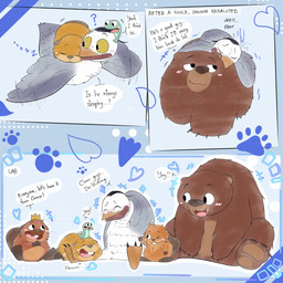 beak beaver_tail black_body black_feathers blush brown_body brown_fur buckteeth claws crown dialogue duo feathers female feral flying fur grey_body grey_feathers group headgear male pattern_background pawpads praise scales simple_background sitting size_difference sleeping sound_effects speech_bubble tail tan_body tan_fur teeth text trio vowelless vowelless_sound_effect white_body white_feathers zzz craftycrayola disney hoppers_(disney) pixar conner_(hoppers) ellen_(hoppers) king_george_(hoppers) loaf_(hoppers) mabel_tanaka tom_(hoppers) avian bear beaver bird great_heron heron lizard mammal pelecaniform reptile rodent scalie stork 1:1 comic english_text hi_res