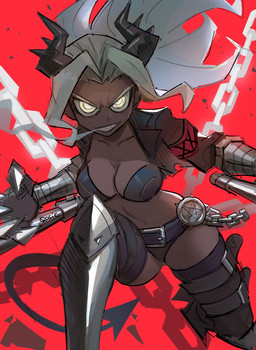 5_fingers armband belt black_horn breasts brown_body brown_skin chain claws cleavage clothed clothing coat female fingers grin hair horn legwear long_hair looking_at_viewer metal_claws not_furry occult_symbol pentagram raised_leg red_background simple_background smile smoke smoke_from_mouth solo spade_tail symbol tail thigh_highs topwear white_eyes white_hair qosic helltaker judgement_(helltaker) demon demon_humanoid humanoid hi_res signature