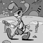 anthro bottomwear carrot clothed clothing duo floppy_ears food footwear male moon open_mouth open_smile plant shoes shorts simple_eyes smile teeth topless vegetable walking bucklebunny human lagomorph leporid mammal rabbit 1:1 full-length_portrait hi_res monochrome portrait