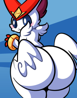 3_fingers :3 ambiguous_gender anthro arm_tuft big_butt black_nose blue_background blue_eyes blue_sclera blush bracelet bracelet_only butt butt_focus cheek_tuft facial_tuft fingers forehead_gem fur gem jewelry looking_back multicolored_body multicolored_fur nude nude_ambiguous nude_anthro pattern_background rear_view red_body red_fur shoulder_tuft simple_background solo striped_background thick_thighs tuft two_tone_body two_tone_fur white_body white_fur wings ekkokenight nintendo pokemon generation_5_pokemon legendary_pokemon pokemon_(species) shiny_pokemon victini absurd_res hi_res shaded