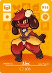 4_fingers amiibo_card anthro arturfox bovid caprine card clothing digital_media_(artwork) english_text fingers full-length_portrait goat hair hi_res horn male mammal portrait red_body red_hair solo text yellow_eyes