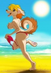 anthro bikini bikini_bottom_only bikini_top_removed bottomwear breasts butt clothing covering covering_breasts covering_self desire female holding_bikini_top nude pants paws red_bikini red_clothing red_swimwear solo swimwear two-piece_swimsuit fantasyisland yunaki canid canine canis domestic_dog mammal