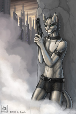 anthro belt briefs city city_background clothing collar fog fur futuristic_architecture green_eyes gun leaning male ranged_weapon science_fiction slim solo studded_belt studs tail tattoo underwear weapon white_body white_fur imiak harry_(imiak) domestic_cat felid feline felis mammal 2012 2:3