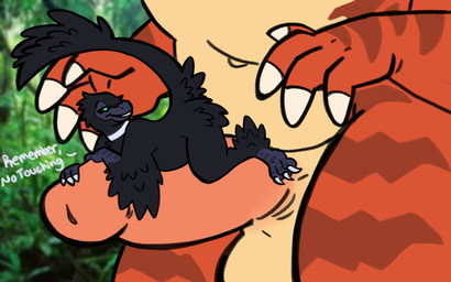 anthro black_body duo female genitals macro male male/female micro multicolored_body penis red_body wolfhusband dinosaur dromaeosaurid microraptor prehistoric_species reptile saurischian scalie theropod tyrannosaurid tyrannosauroid tyrannosaurus tyrannosaurus_rex 16:10 hi_res widescreen