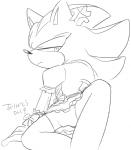 anthro biped bulge clothed clothing cross-popping_vein crossdressing dress frown gloves handwear male sitting solo text sikai sega sonic_the_hedgehog_(series) shadow_the_hedgehog eulipotyphlan hedgehog mammal black_and_white english_text japanese_text monochrome