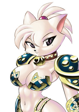 anthro armor bell bell_collar bikini breasts brown_collar clothing collar female fur grey_eyes head_tuft looking_at_viewer markings medium_breasts metal_panties metal_pasties midriff mole_(marking) navel pasties pauldron pink_body pink_fur pupils simple_background slit_pupils solo spaulder studded_collar studs swimwear tuft two-piece_swimsuit unconvincing_armor vambrace white_background wide_hips chochi domestic_cat felid feline felis mammal 2006 digital_media_(artwork)