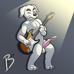 3_toes anthro balls barefoot bodily_fluids cum ejaculation electric_guitar eyes_closed feet fur genital_fluids genitals guitar male musical_instrument nude orgasm penis pink_penis playing_guitar playing_music plucked_string_instrument rock_out_with_your_cock_out smile solo spotlight standing string_instrument toes white_body white_fur bibbidy animal_crossing nintendo k.k._slider canid canine canis domestic_dog hunting_dog jack_russell_terrier mammal terrier 1:1 2020 hi_res signature