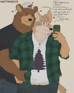 anthro backwards_hat belly belly_grab belly_peeking_out belt big_belly blush bodily_fluids bottomwear claws clothing compliment denim denim_bottomwear denim_clothing dialogue digit_ring duo electronics embarrassed encouragement eye_scar facial_scar flannel hat headgear headwear heart_symbol jeans jewelry male male/male male/malenecklace overweight overweight_male pants phone plant ring scar selfie shirt simple_background speech_bubble sweat tail text topwear tree wedding_ring weight_gain mattinqq arches_(game) echo_(series) echo_project cameron_wilson devon_ortega bear brown_bear canid canine canis coyote grizzly_bear mammal ursine handwritten_text hi_res
