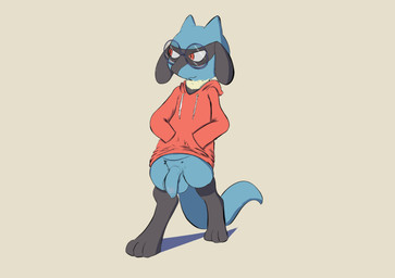 anthro balls blush bottomless clothed clothing clothing_lift eyewear flaccid foreskin genitals glasses hoodie looking_away male nervous partially_clothed penis presenting presenting_penis red_clothing red_eyes red_hoodie red_topwear shirt shirt_lift smile solo topwear walking twerpishimp game_freak nintendo pokemon canid canine generation_4_pokemon mammal pokemon_(species) riolu absurd_res hi_res