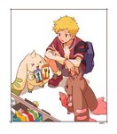 anthro backpack blonde_hair brown_body brown_fur crouching fur group hair horn long_ears male trio white_body white_fur gdn0522 bandai_namco digimon willis_(digimon) digimon_(species) human lopmon mammal terriermon