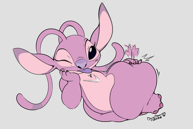 3_toes 4_fingers antennae_(anatomy) antennae_markings anthro big_ears blue_eyes butt_slap chest_markings ear_markings eyelashes feet female fingers fur grey_background huge_thighs long_antennae looking_at_viewer lying markings on_side one_eye_closed pink_body pink_ears pink_fur purple_markings purple_nose purple_tongue simple_background slap spanking spanking_self text thick_thighs toes tongue tongue_out white_markings wink winking_at_viewer conditional_dnp digitaldomain123 disney lilo_and_stitch angel_(lilo_and_stitch) alien experiment_(lilo_and_stitch) 2026 3:2 artist_name digital_media_(artwork) flat_colors hi_res