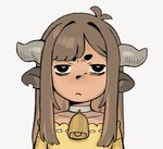 brown_hair clothed clothing cowbell female fully_clothed hair horn looking_at_viewer notched_ear simple_background tired_eyes tongue tongue_out white_background young gorarati taa-chan animal_humanoid bovid bovid_humanoid humanoid mammal mammal_humanoid animated short_playtime nonbinary_(lore)