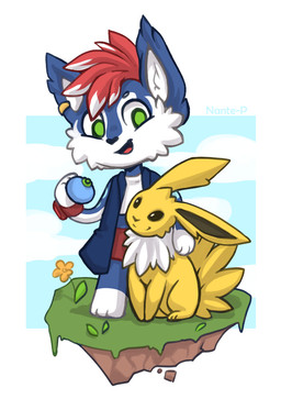 anthro barefoot berry bottomwear chibi clothing cloud duo ear_piercing ear_tuft eternis feet feral food fruit fur grass green_eyes hair inner_ear_fluff male no_sclera open_mouth oran_berry pants piercing plant pokemon_berry purple_body purple_fur red_bottomwear red_clothing red_hair red_pants running shirt smile topwear tuft white_body white_clothing white_fur white_shirt white_topwear yellow_body yellow_fur nante-p nintendo pokemon canid canine canis eeveelution generation_1_pokemon jolteon mammal pokemon_(species) wolf full-length_portrait portrait