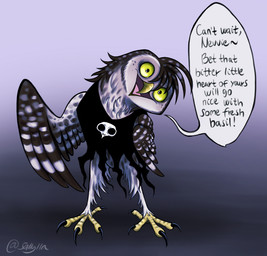 4_toes adolescent alternative_fashion anisodactyl anthro avian_feet beak bird_skull bone brown_body chest_tuft claws clothed clothed_anthro clothing constricted constricted_pupils crazy_eyes disability feather_hair feathered_wings feathers feet fluffy freckles head_tilt leg_tuft male markings multicolored_body neck_tuft offscreen_character open_beak open_mouth open_smile partially_clothed pseudo_hair punk pupils scar semi-anthro shirt simple_background skull skull_symbol small_pupils smile solo speech_bubble spots spotted_markings standing striped_markings stripes talking_to_another talons tank_top text threatening toe_claws toes topwear tuft vestigial_wings villainous white_body wide_eyed wide_smile wings yellow_sclera young sallylla liam_luna athene_(genus) avian bird little_owl owl true_owl 2025 digital_drawing_(artwork) digital_media_(artwork) english_text full-length_portrait hi_res portrait story story_in_description